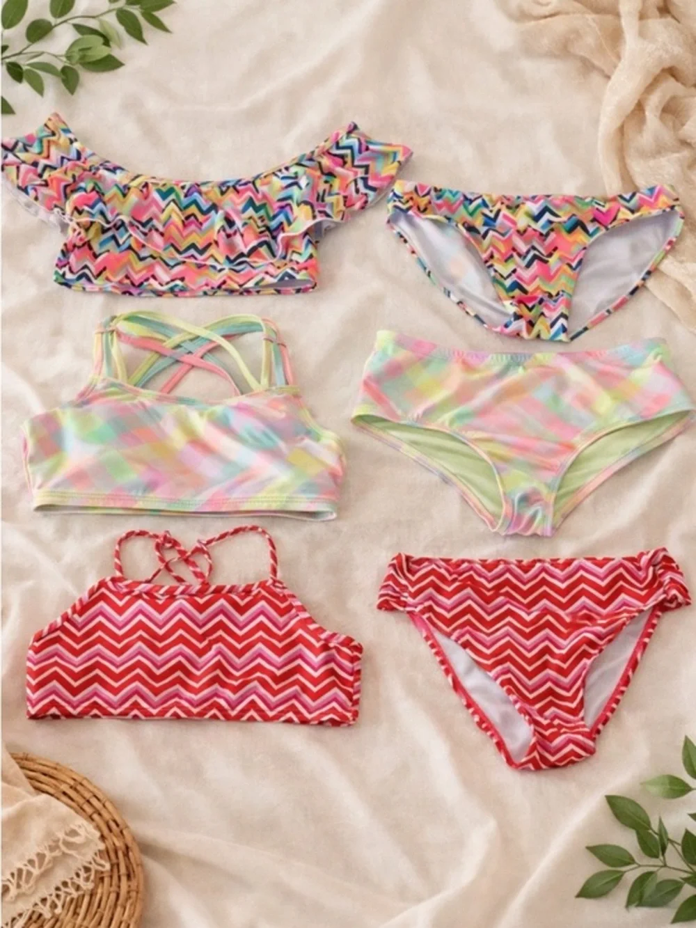 Bikini Sz 14 Girls 2 piece Bathing-suit lot of 3 new and like new chevron pastel